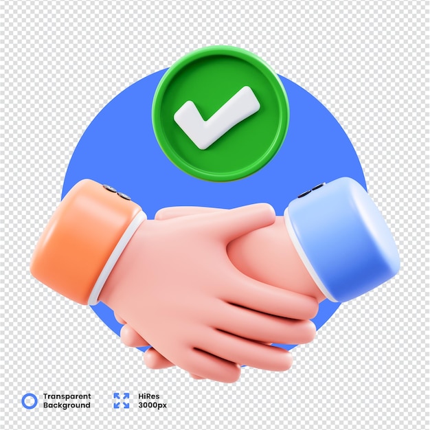 Stretta di mano renderizzata in 3D con icona di controllo di approvazione
