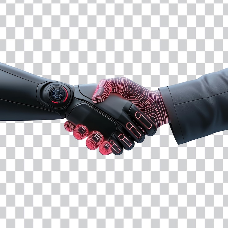 PSD stretta di mano tra mano umana e mano robotica che simboleggia la collaborazione