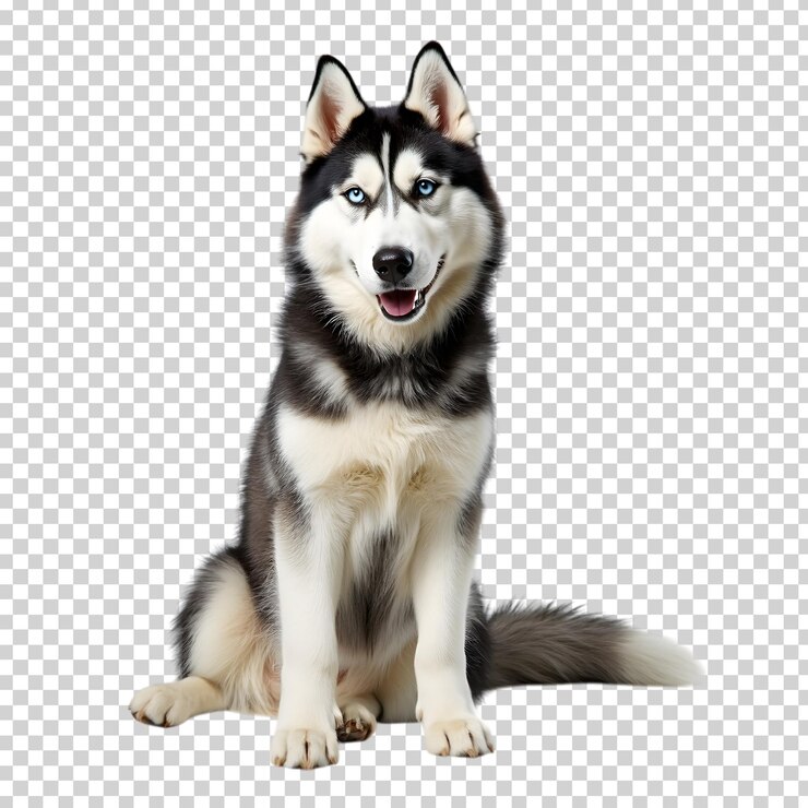 Striking Siberian Husky with Blue Eyes Black and White Coat Sitting on a Transparent Background