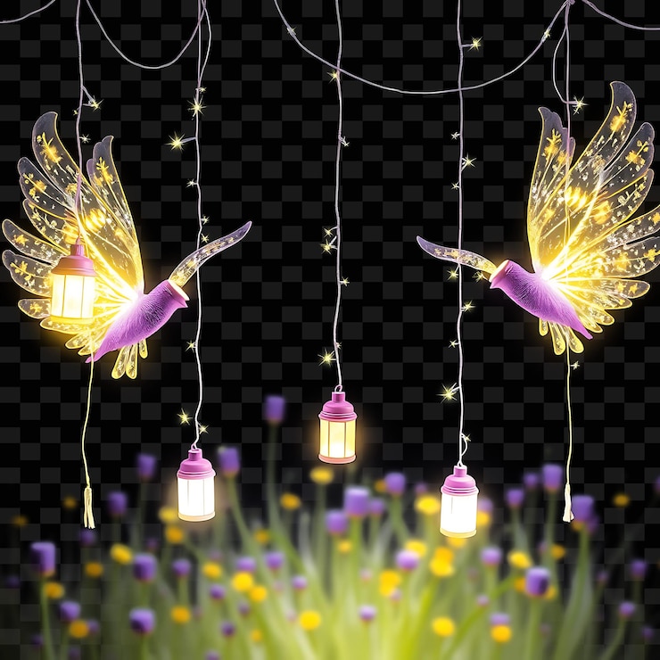 PSD stringa decorativa ali scintillanti e lanterne luminose luci al neon lampeggiano dalle ali illumina
