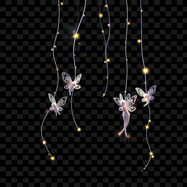 PSD stringa decorativa piccole fate e stelle scintillanti la polvere di neon gira attorno alle loro ali mentre danzano