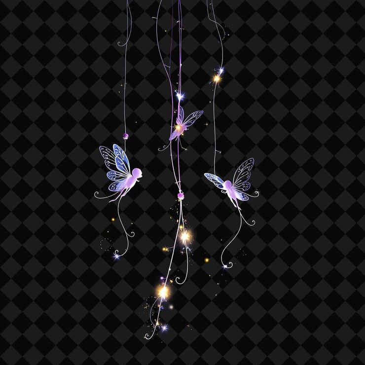 PSD stringa decorativa piccole fate e stelle scintillanti la polvere di neon gira attorno alle loro ali mentre danzano