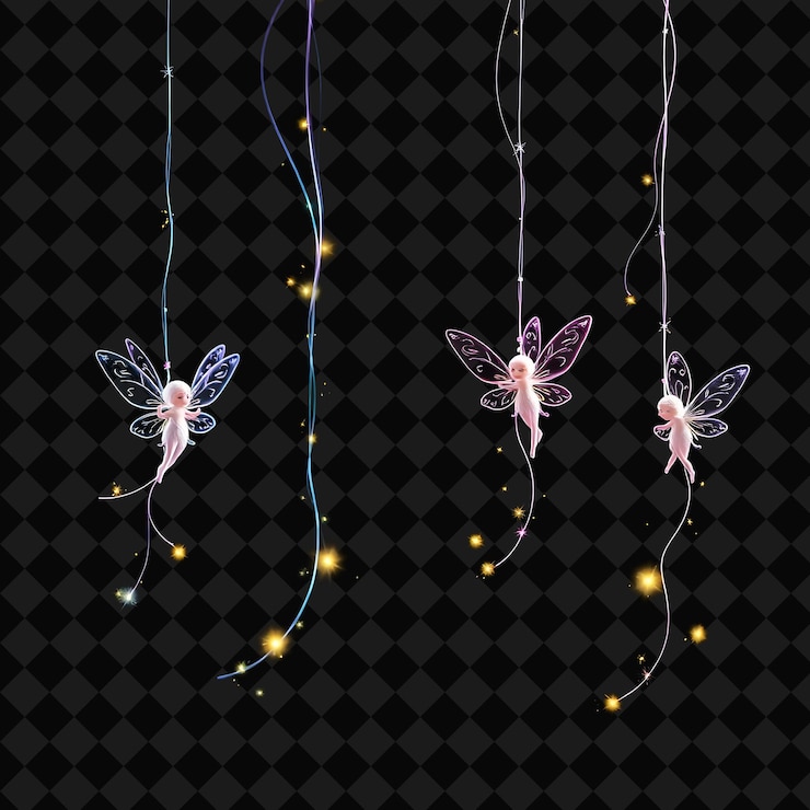 PSD stringa decorativa piccole fate e stelle scintillanti la polvere di neon gira attorno alle loro ali mentre danzano
