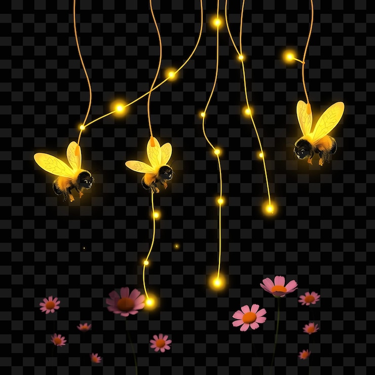 PSD stringhe decorative arrossiscono gli alberi e i fiori i punti al neon danzano lungo la corda un bel giardino