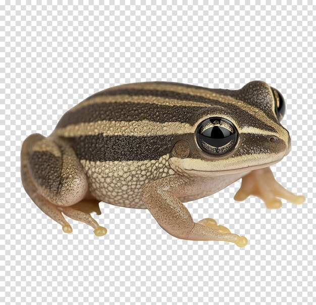 Striped frog close up portrait with striking eyes isolated backdrop