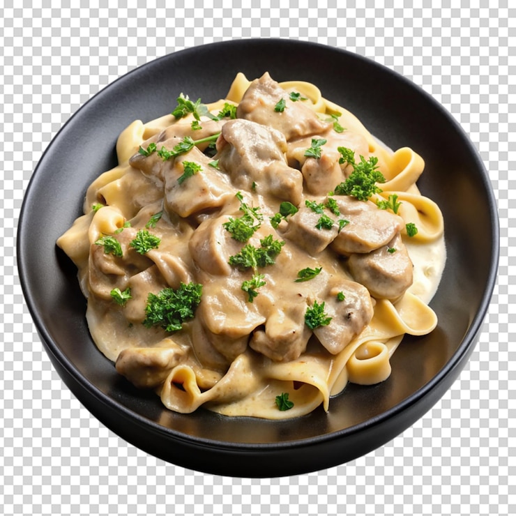 PSD stroganoff di pollo con salsa di funghi su piatto nero isolato su sfondo bianco