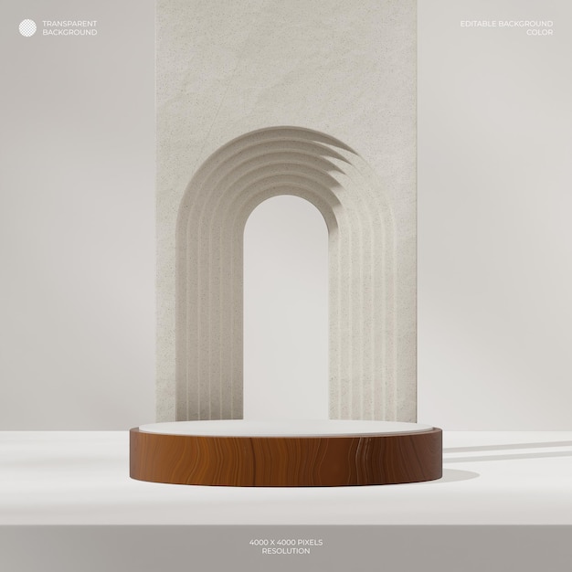 Strukturierter Keramikbogen, 3D-Rendering, transparenter Hintergrund aus weißem und hölzernem Podium im Quadrat