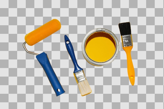 Strumenti da pittura, pennelli e vernice gialla isolati su PNG bianco