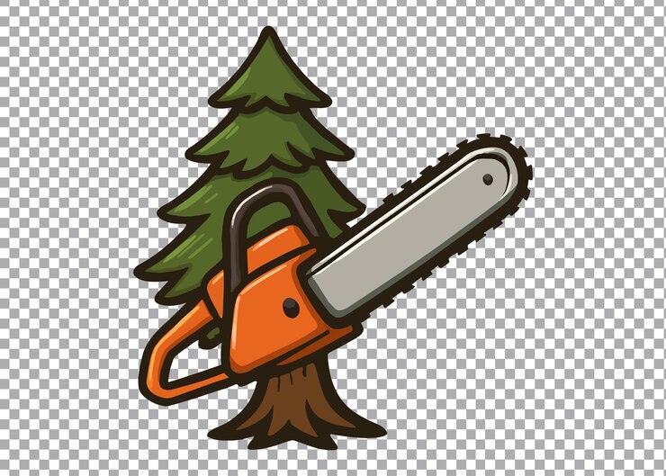 PSD strumento del logo della motosega motosega e tronco d'albero disegno del logo sullo sfondo trasparente