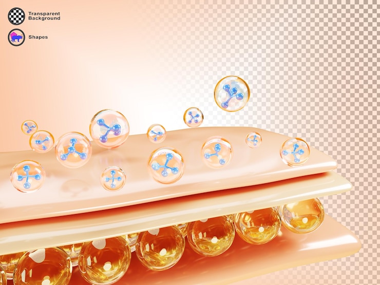 PSD struttura cellulare 3d della pelle con molecole d'acqua o gocce di acido ialuronico prodotto cosmetico per la cura della pelle liquido crema di essenza di idratazione di collagene trasparente sullo sfondo dello strato di tessuto adiposo
