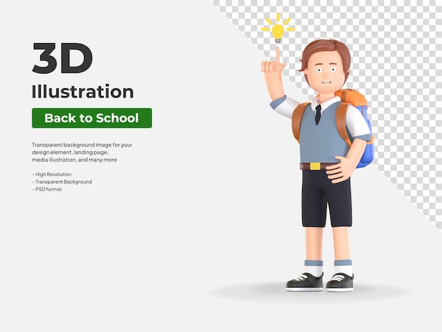 Studente della scuola del ragazzo che pensa l'illustrazione creativa del fumetto 3D dell'idea