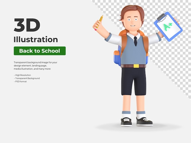 Studente della scuola del ragazzo soddisfatto dell'illustrazione del fumetto 3D del risultato del test dell'esame