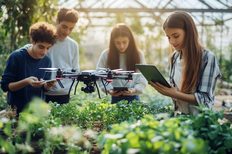 PSD studenti che utilizzano la tecnologia dei droni in serra per la ricerca agricola