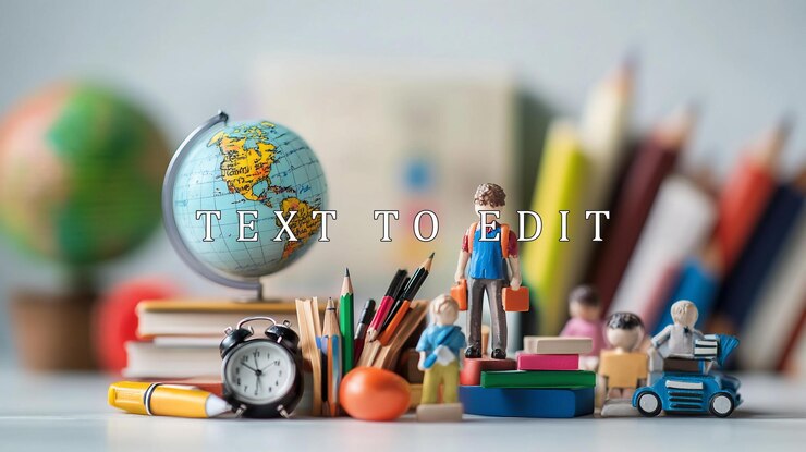 PSD studenti in miniatura con rifornimenti scolastici e globo