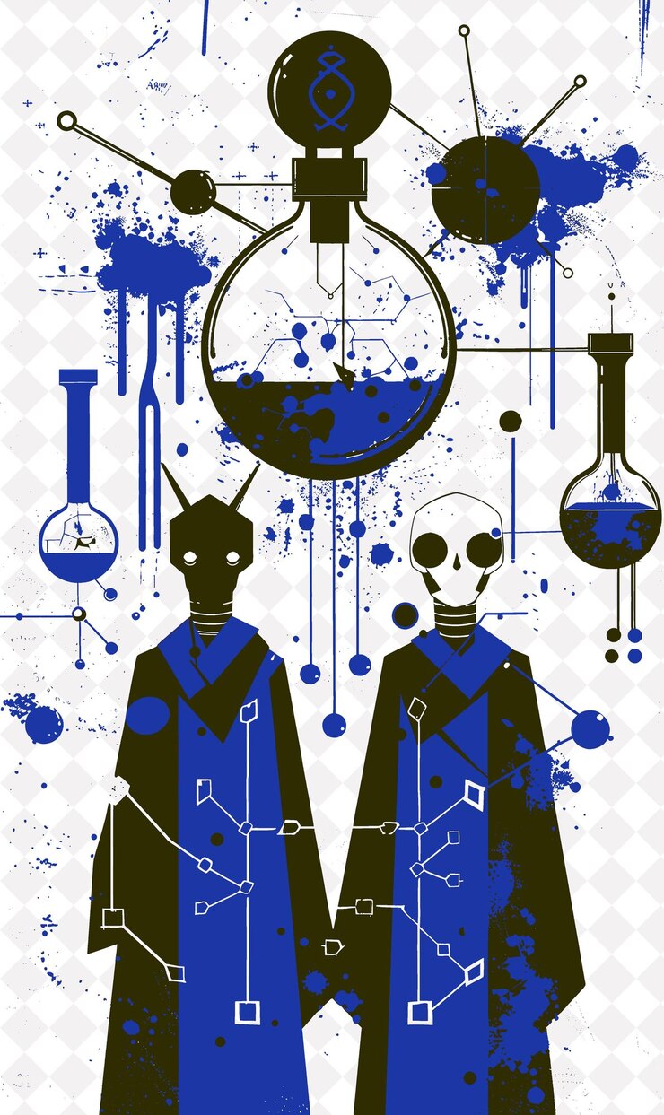 PSD students alchemy project creating a monster students wearing flat illustration background design
