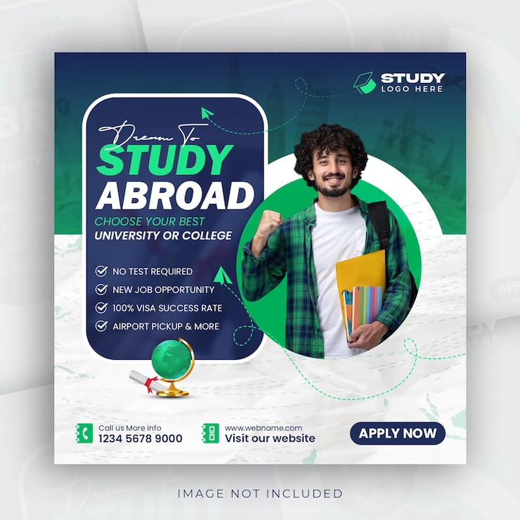 Studiare all'estero social media instagram post design istruzione superiore web banner modello di volantino quadrato