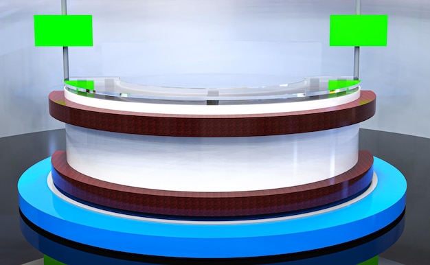 Studio d'actualités télévisées, intérieur de la salle de diffusion télévisée 4 avec table ronde et globe terrestre à l'écran