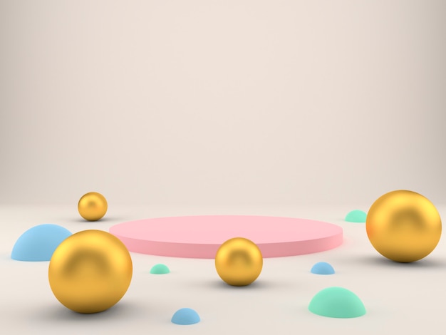 Studio bianco con forme geometriche, podio sul pavimento