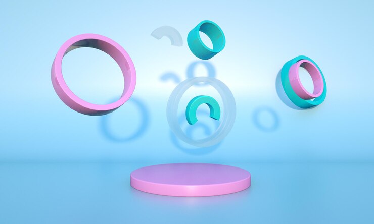 PSD studio con forme geometriche, podio a terra, pedane per la presentazione del prodotto