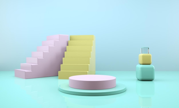 Studio di rendering 3D con forme geometriche, podio sul pavimento. Piattaforme per la presentazione del prodotto,