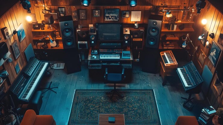 PSD un studio de musique à domicile avec un équipement professionnel, y compris des haut-parleurs, un bureau de mixage, des claviers, un ordinateur et une guitare