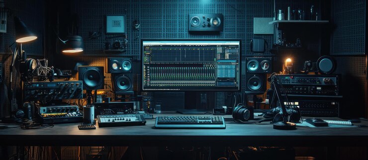 PSD un studio de musique professionnel avec un ordinateur un microphone et un mixeur