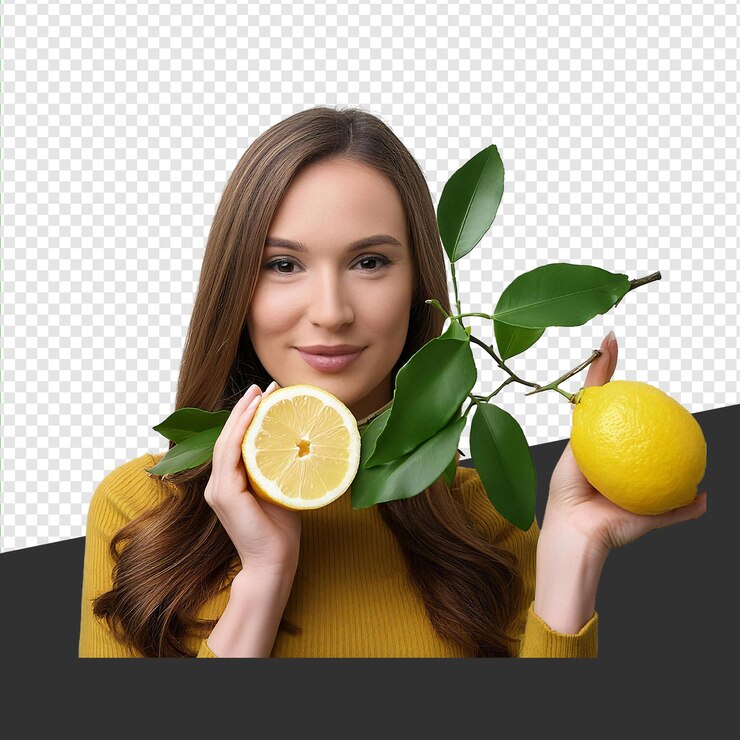 PSD studio-porträt eines mädchens mit zitrone im durchsichtigen hintergrund png