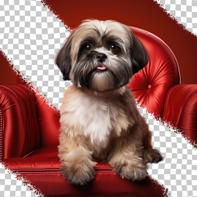PSD studio-porträt eines shih tzu-hundes auf einem roten sofa mit durchsichtigem hintergrund