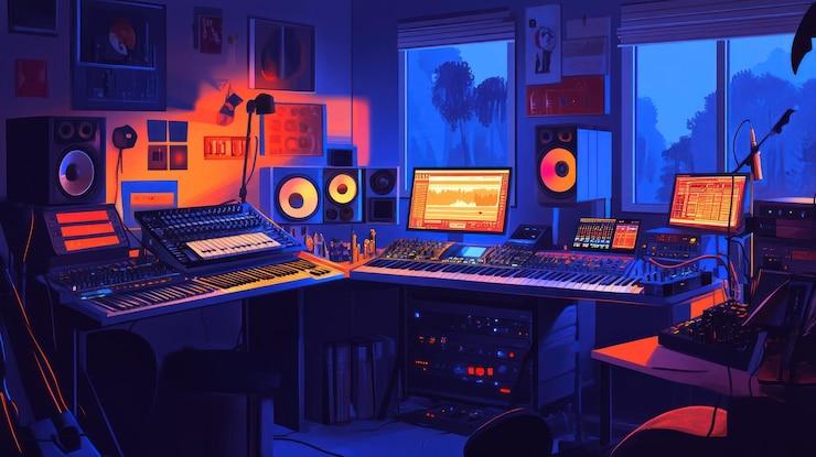 PSD studio de production musicale avec équipement et ambiance