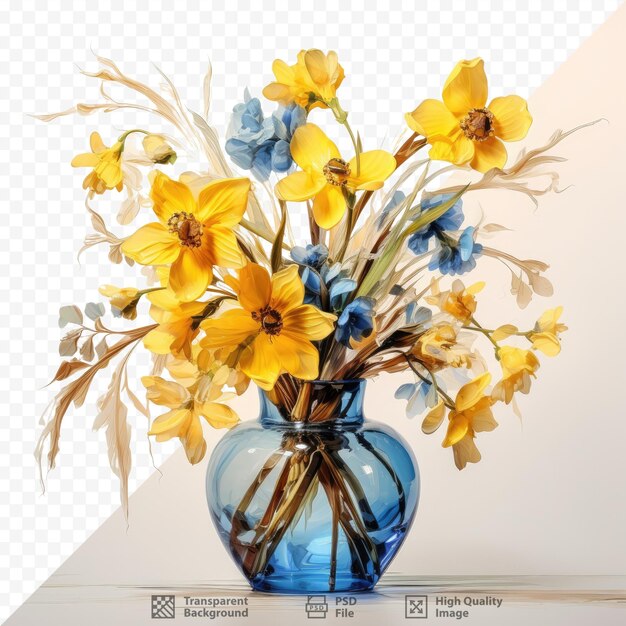 PSD studio-transparenter hintergrund mit gelben und blauen blumen in einer glasvase