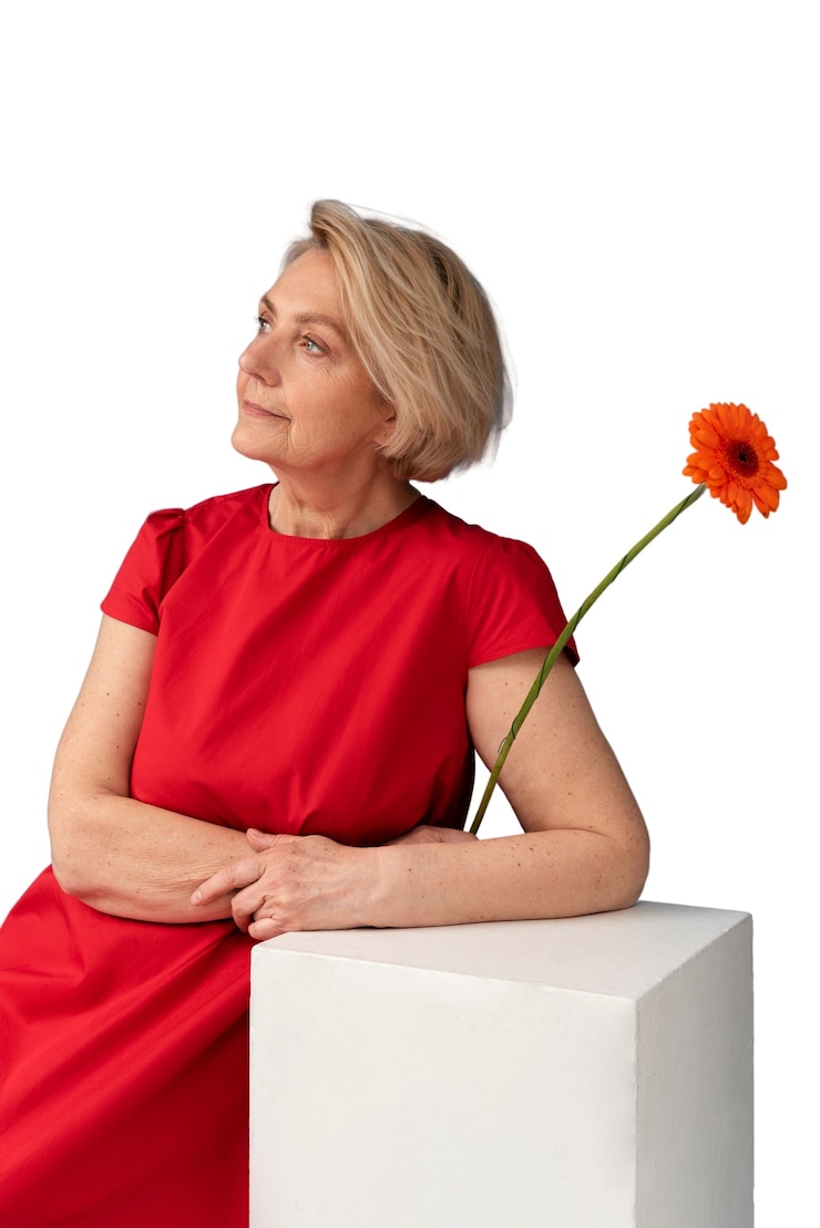 PSD studioporträt einer älteren frau mit gänseblümchen