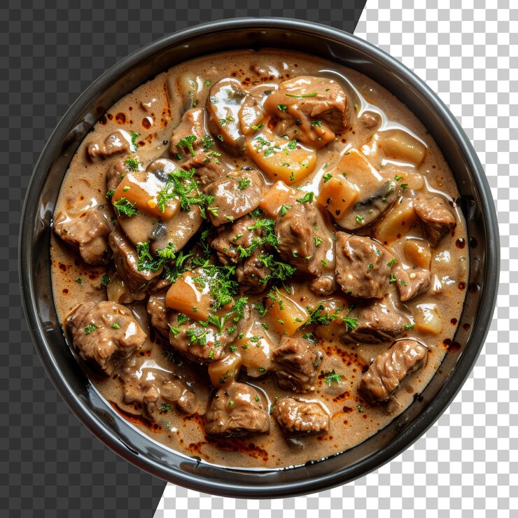 PSD stufato di manzo salato con patate e funghi in una salsa cremosa su sfondo trasparente png