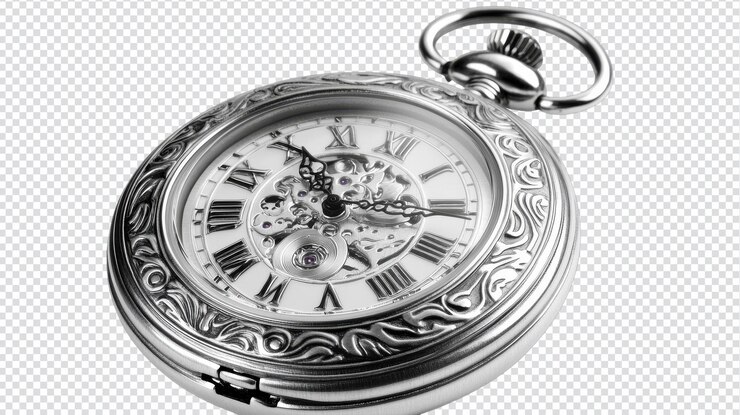 Stunning Vintage Style Silver Pocket Watch Isolated on White Background Perfect for Antique and Retro Theme Designs and Projects