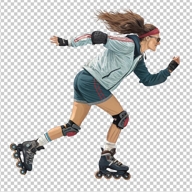 PSD stunning young woman roller skating in town square enjoying fresh air