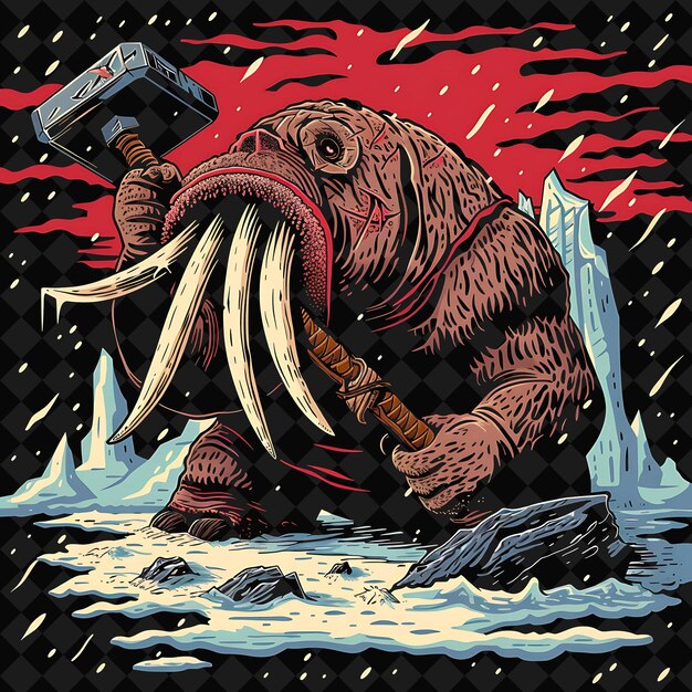 Sturdy Walrus Juggernaut Porträt mit einem Kriegshammer in einer Stu Illustration Tier Krieger Charakter