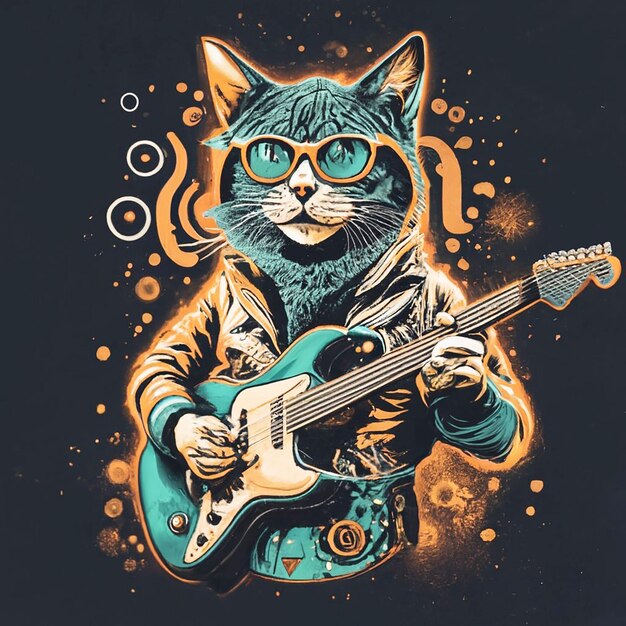 PSD style chat avec illustrateur vectoriel de guitare