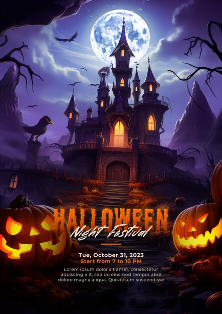 Style De Dessin Animé 3d De Nuit D'halloween Avec Bannière De Potrait De Flyer De Château Et De Citrouille