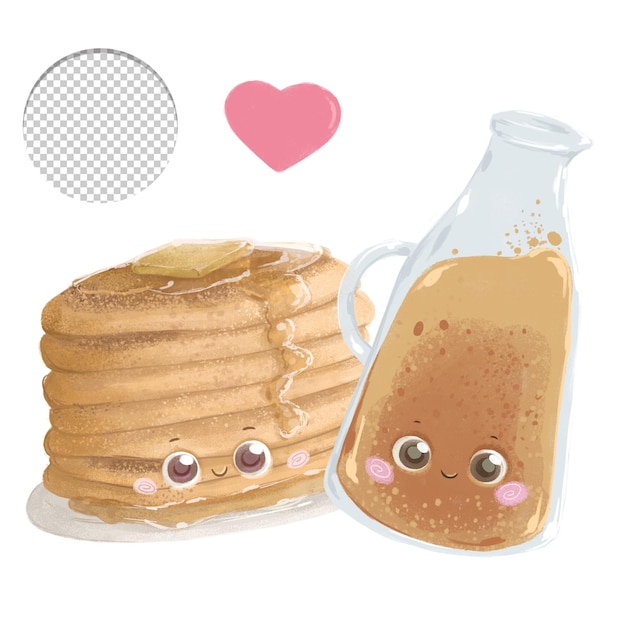 Style Kawaii De Bouteille De Crêpes Et De Sirop D'érable Mignon Isolé Sur Fond Blanc