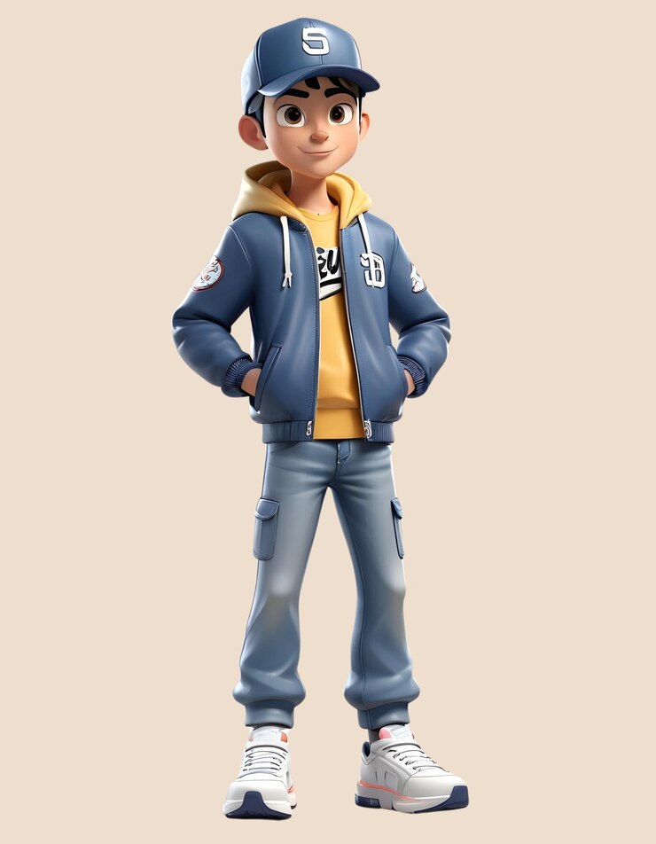 PSD stylish 3d cartoon boy render un'illustrazione digitale di un ragazzo di cartoni animati cool che indossa una giacca blu e pantaloni eleganti