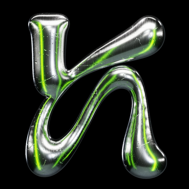 PSD stylish 3d metallic letter k with green neon accents