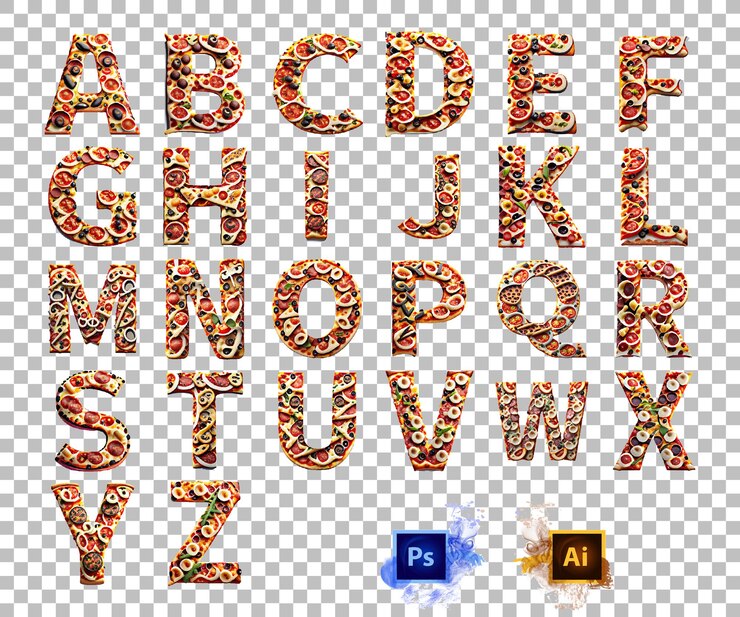 PSD stylish alphabet letter a to z pizza letter design az