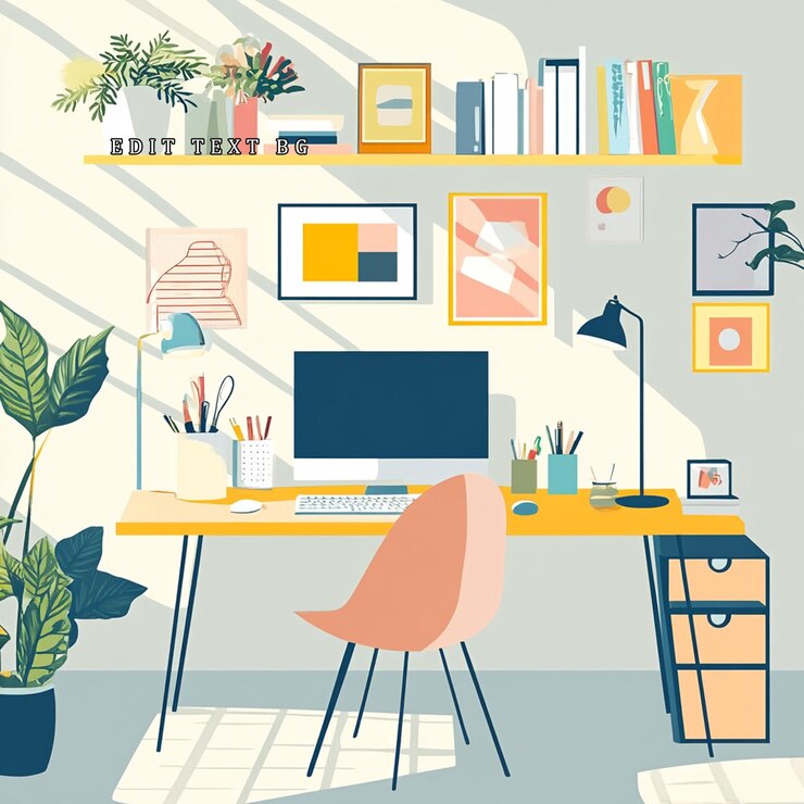 PSD stylish home office workspace with computer desk chair plants and wall decor