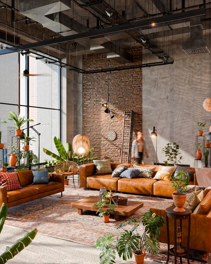PSD stylish industrial living room con divani e piante in pelle