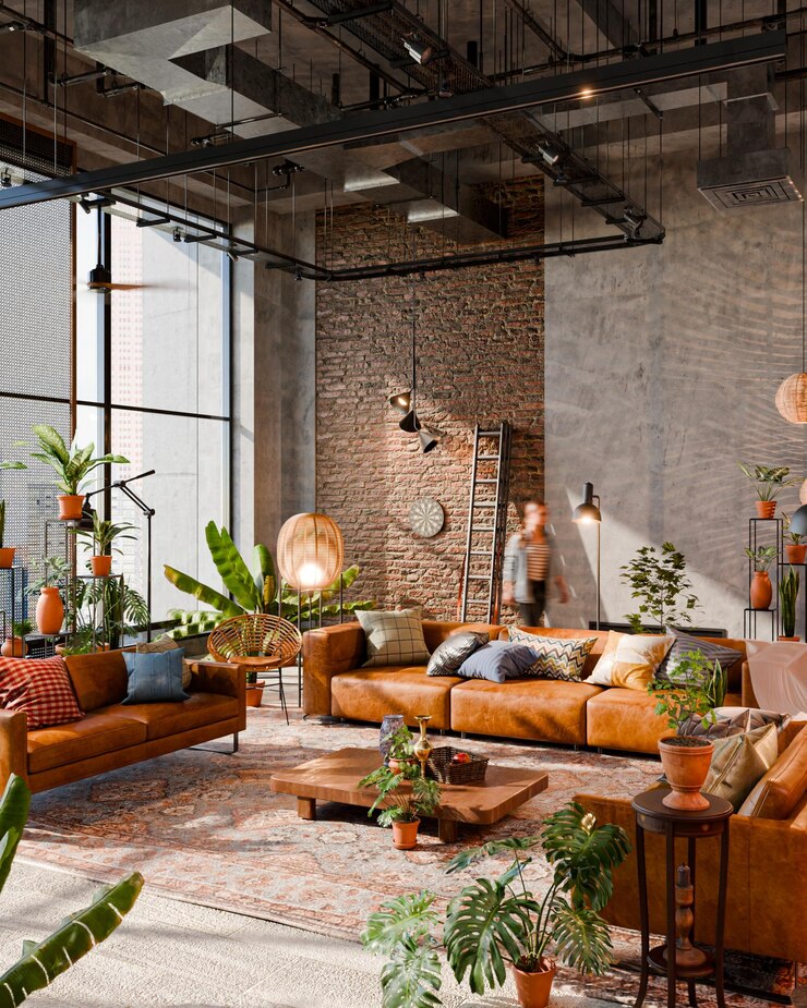 PSD stylish industrial living room with leather sofas and plants