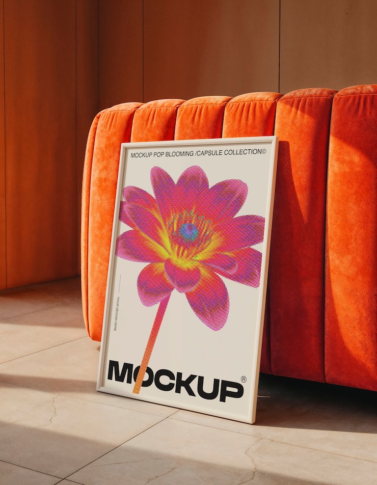 Stylish interior with frame mockup leaning against an orange velvet sofa