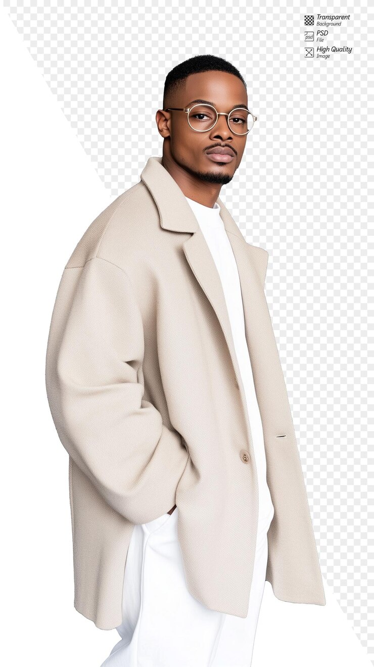 PSD stylish man in beige coat and glasses posing on transparent background confident and casual