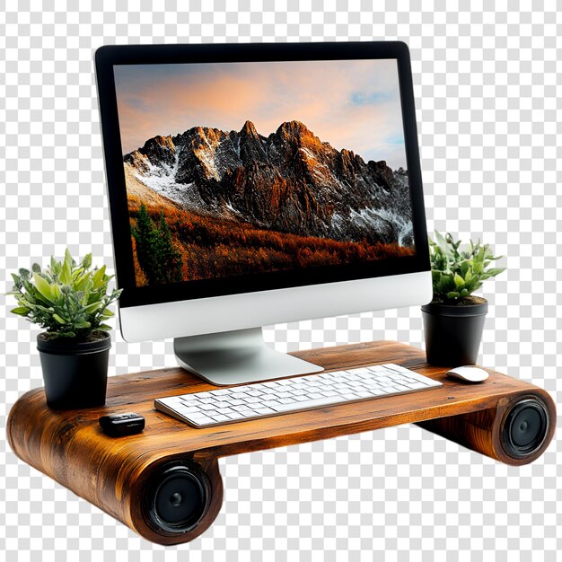 Stylish wooden computer stand with a computer on a transparent background