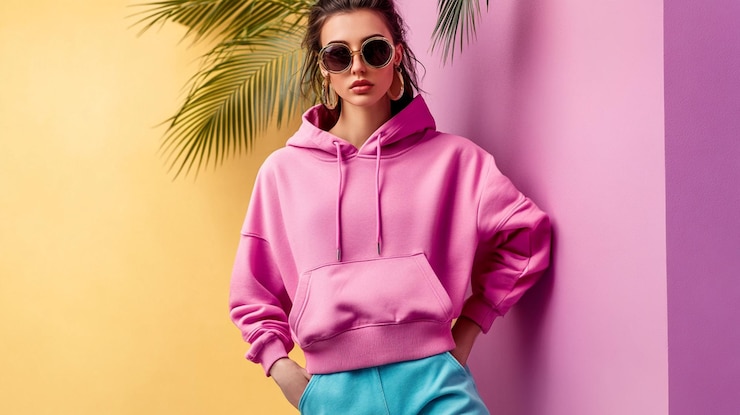 PSD stylish young woman in pink hoodie and teal shorts poses against a vibrant yellow and purple background
