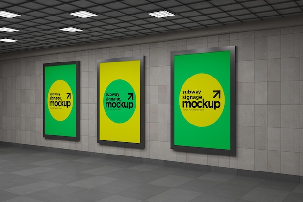 Subway Three Vertical Signage Mockup Billboard Mock up