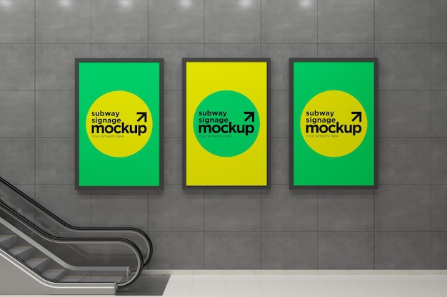 Subway Three Vertical Signage Mockup Billboard Mock up